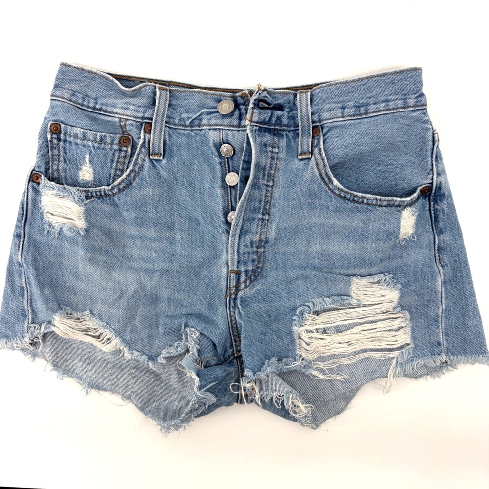 Levis 501 Shorts 26 Original High Waisted Distressed Denim Cut Off Button Fly